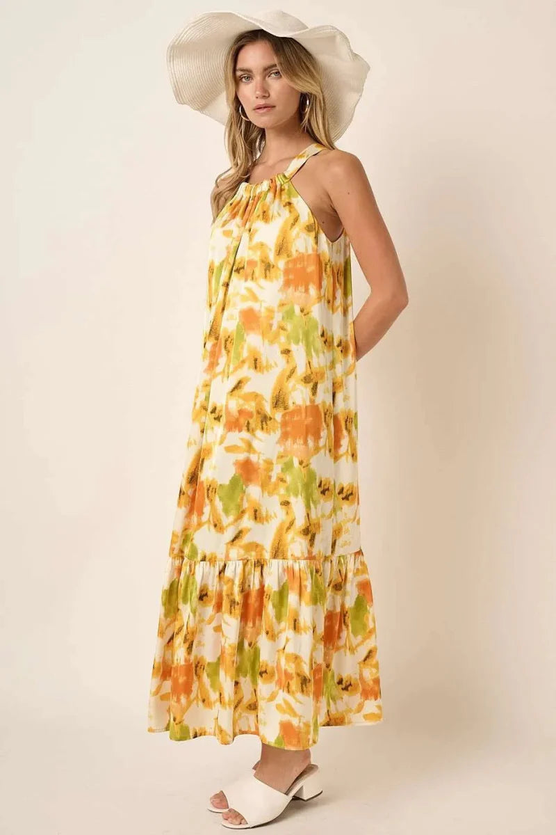 Mittoshop Watercolor Print Halter Neck Satin Maxi Dress