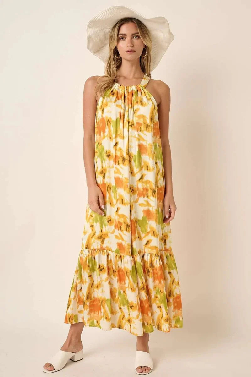 Mittoshop Watercolor Print Halter Neck Satin Maxi Dress