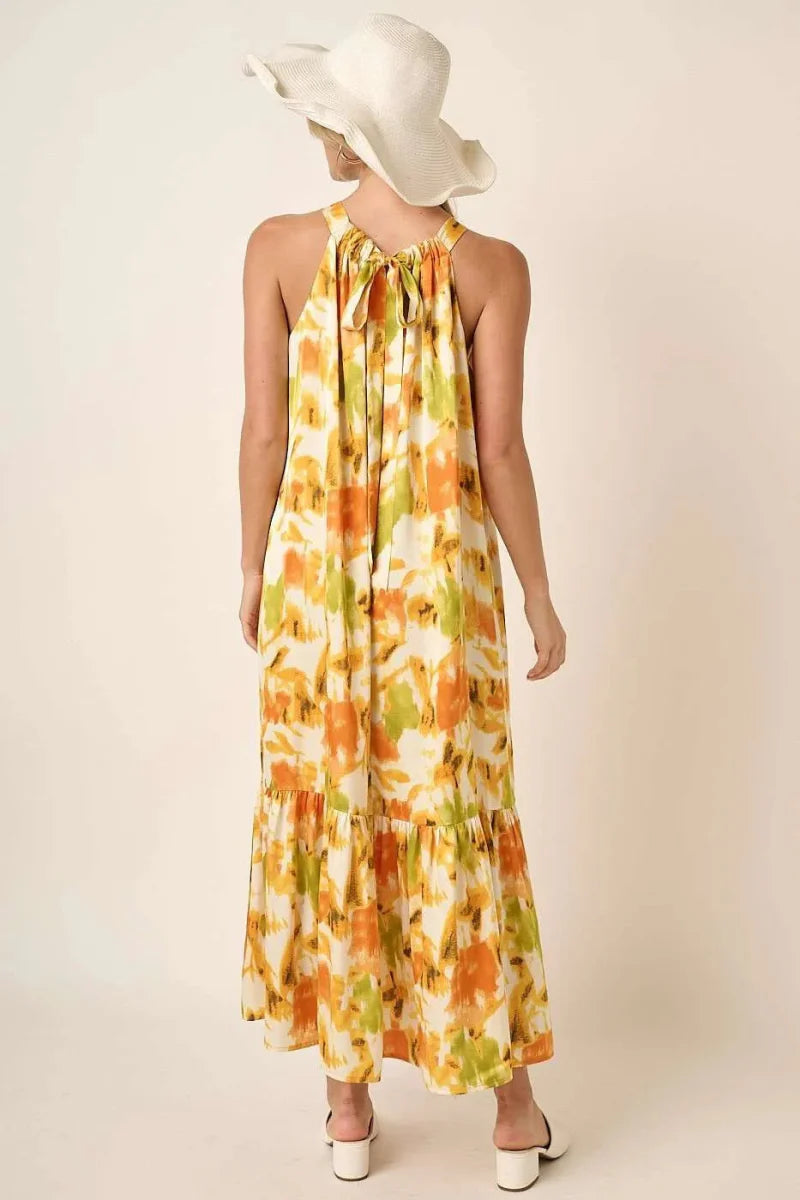 Mittoshop Watercolor Print Halter Neck Satin Maxi Dress