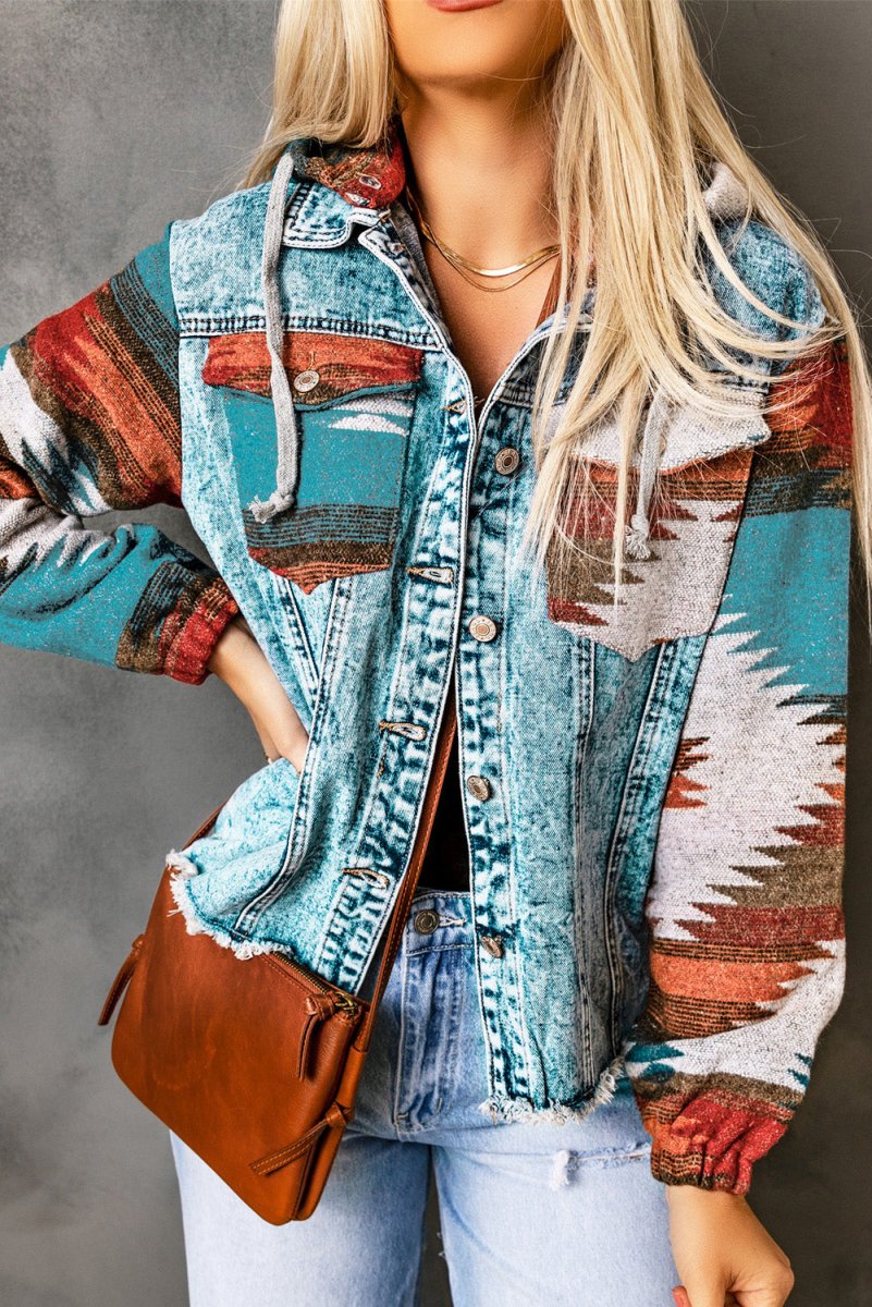 Multicolor Aztec Print Frayed Hem Denim Jacket for Women