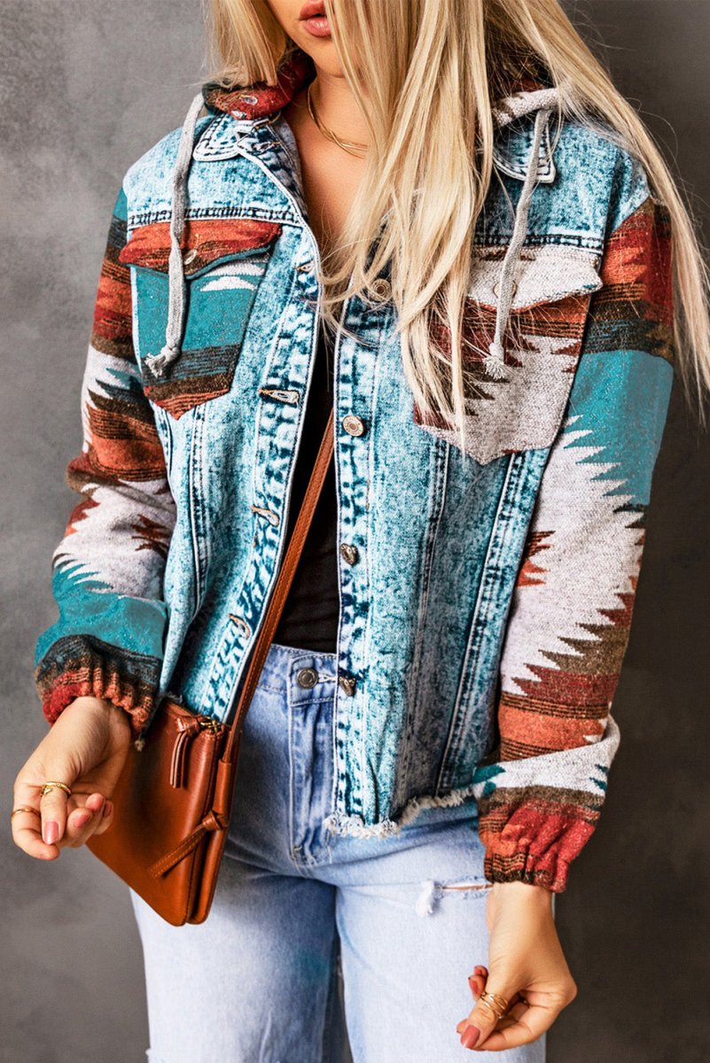 Multicolor Aztec Print Frayed Hem Denim Jacket for Women