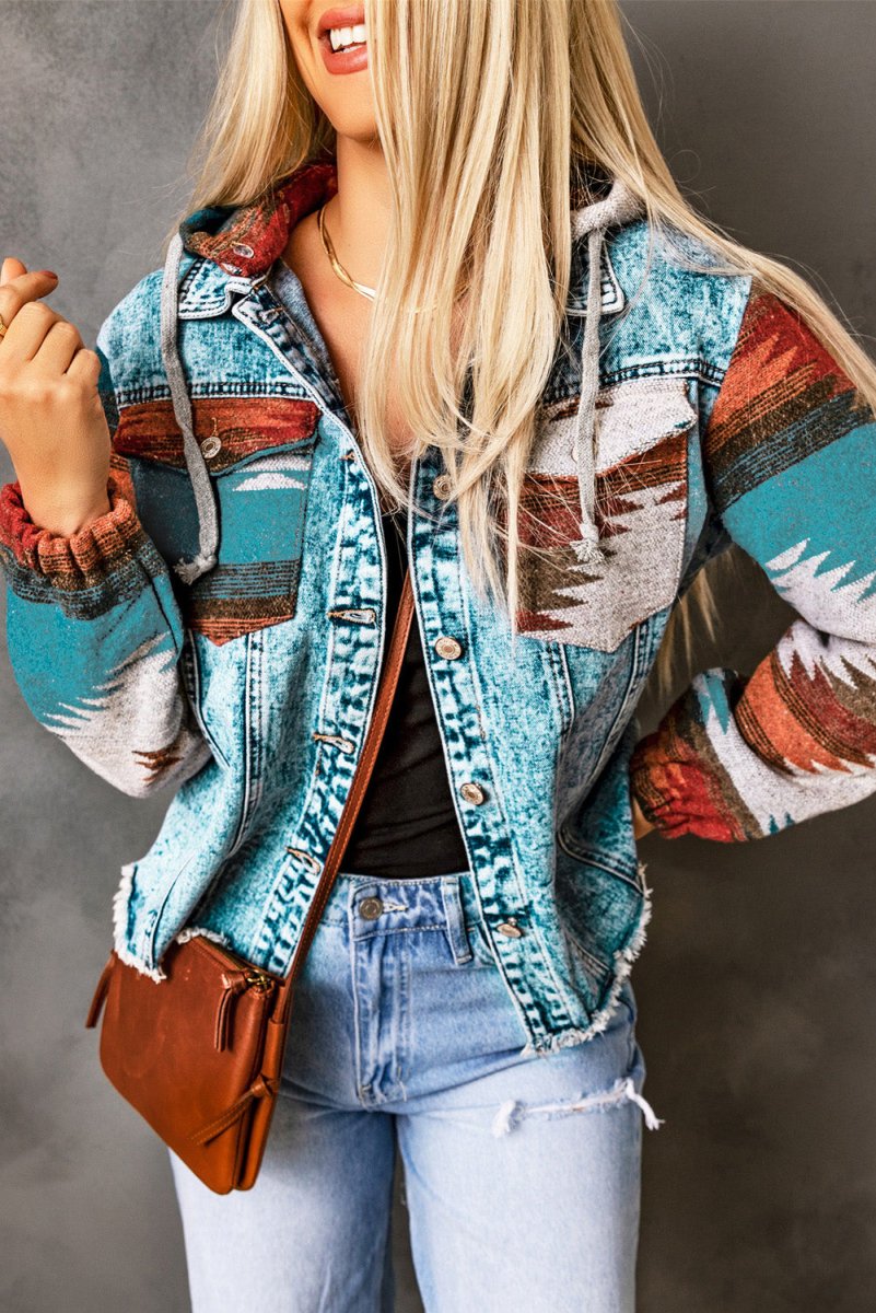 Multicolor Aztec Print Frayed Hem Denim Jacket for Women
