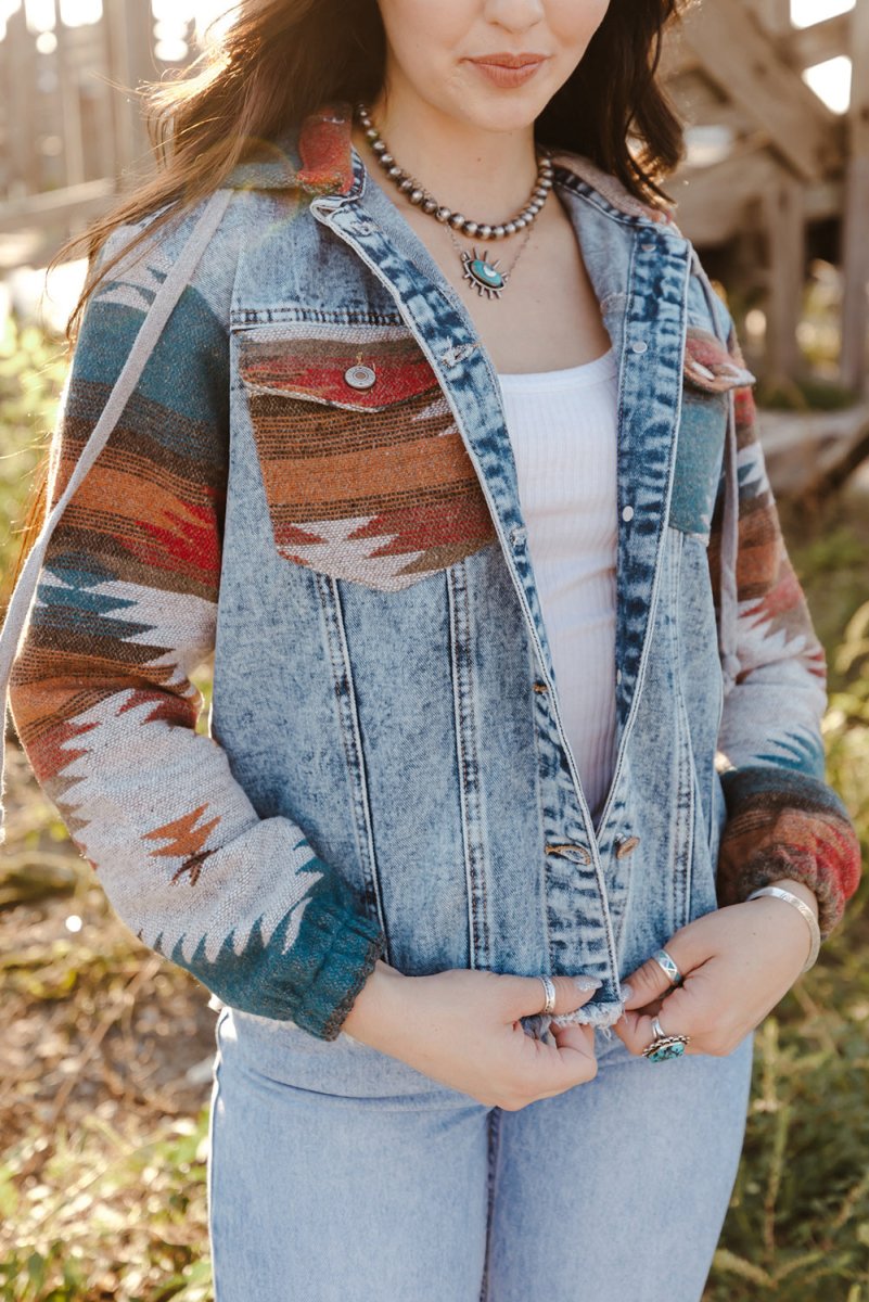 Multicolor Aztec Print Frayed Hem Denim Jacket for Women