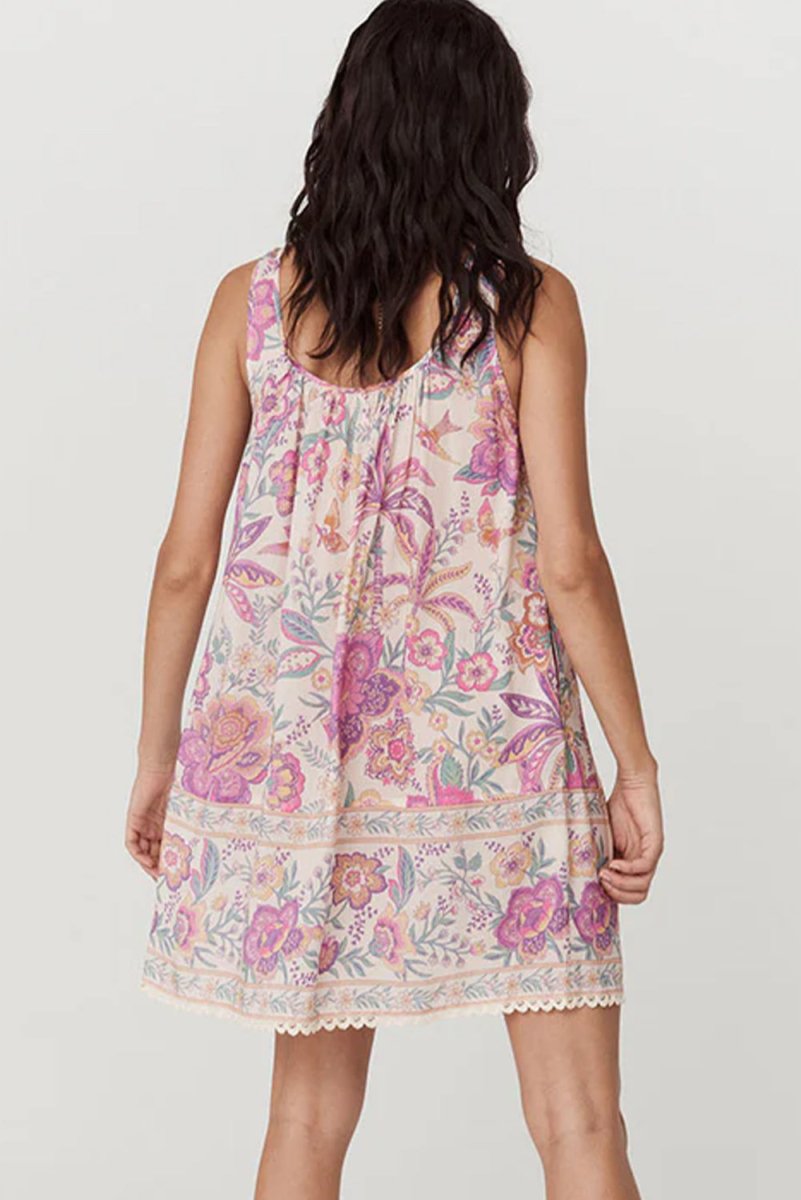 Multicolour Floral Print Fringed Tie U Neck Mini Dress