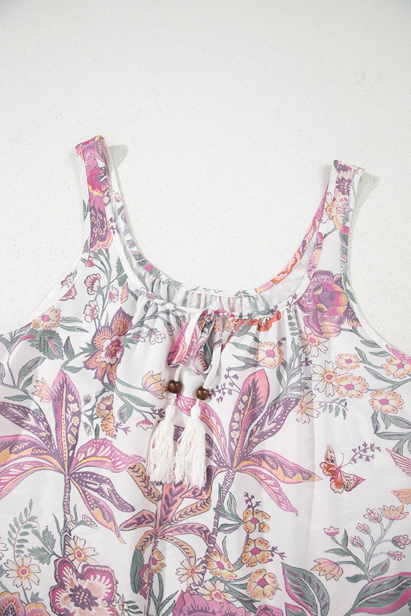 Multicolour Floral Print Fringed Tie U Neck Mini Dress