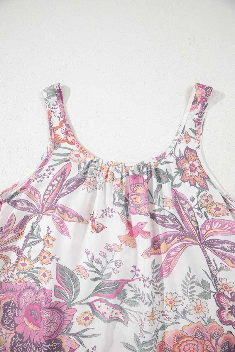 Multicolour Floral Print Fringed Tie U Neck Mini Dress