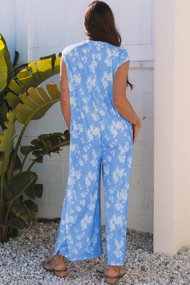 Myosotis Floral Print Half Button Wide Leg Relaxed Jumpsuit