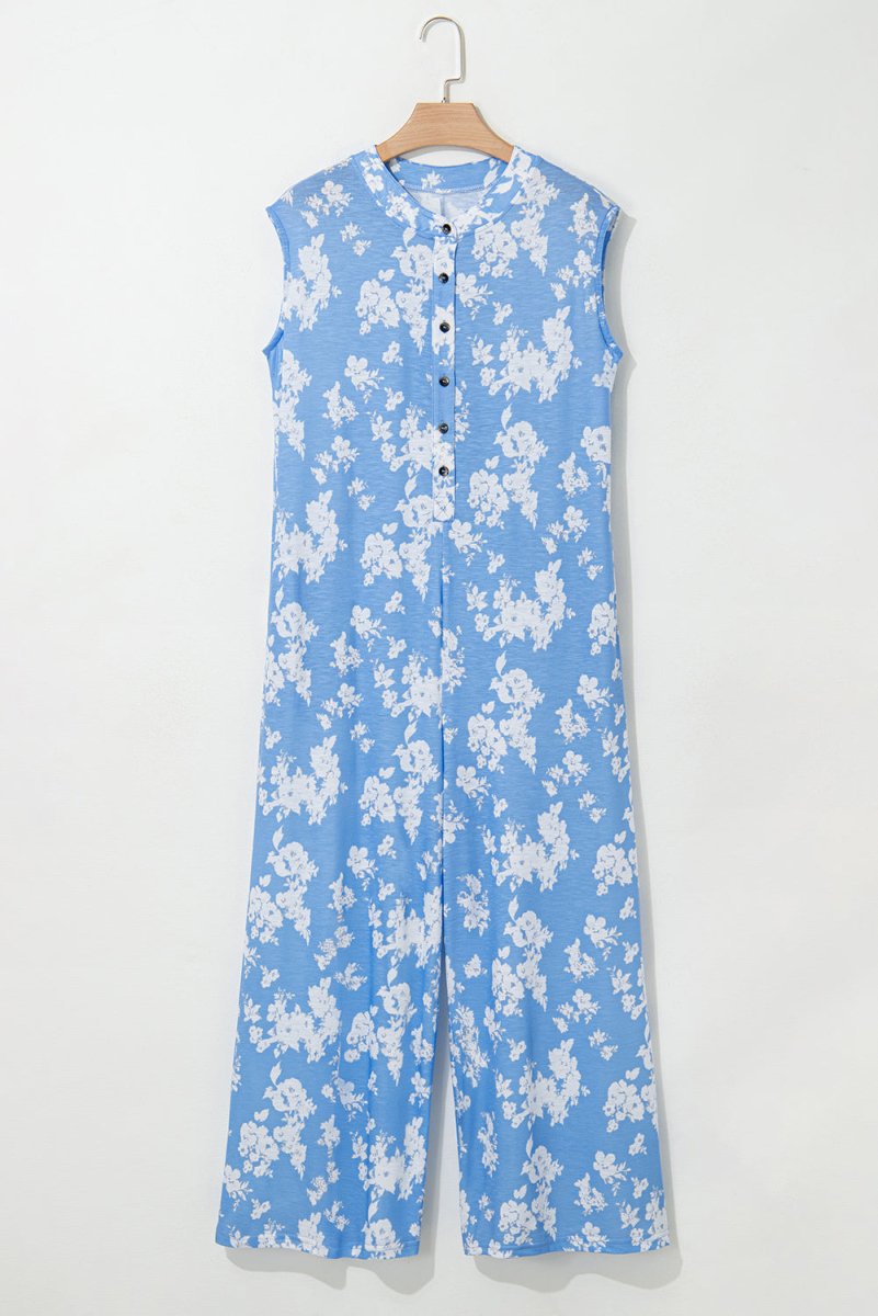 Myosotis Floral Print Half Button Wide Leg Relaxed Jumpsuit