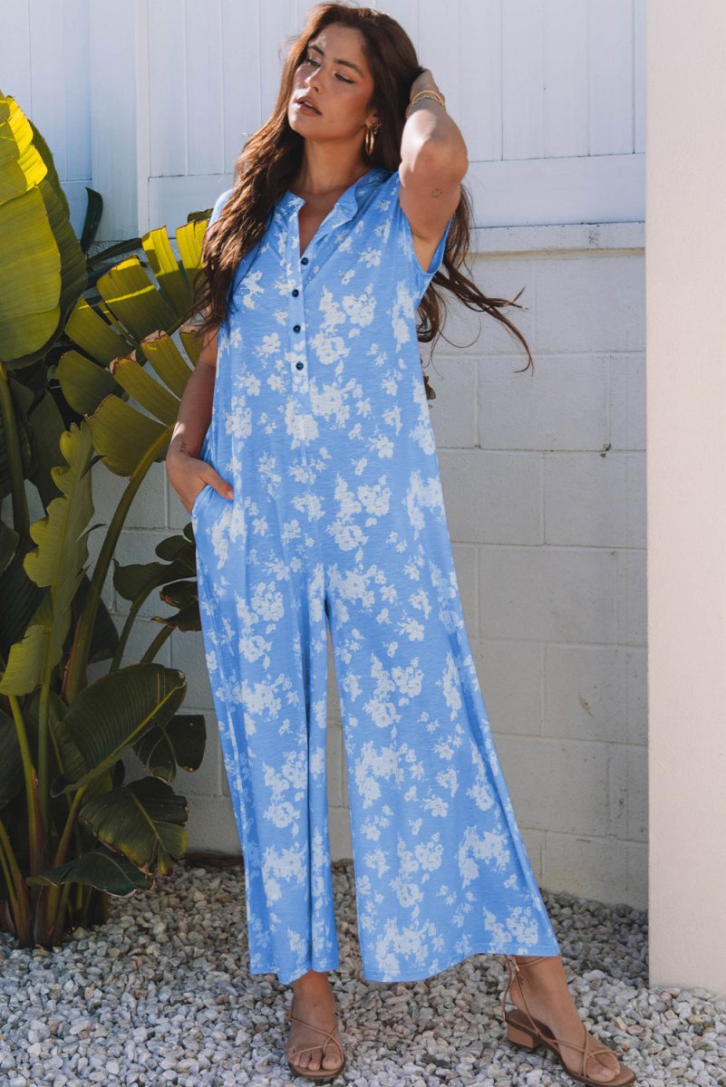 Myosotis Floral Print Half Button Wide Leg Relaxed Jumpsuit