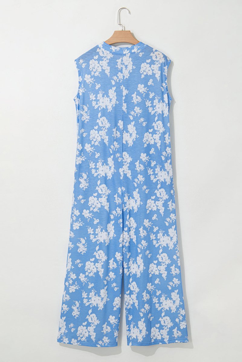 Myosotis Floral Print Half Button Wide Leg Relaxed Jumpsuit