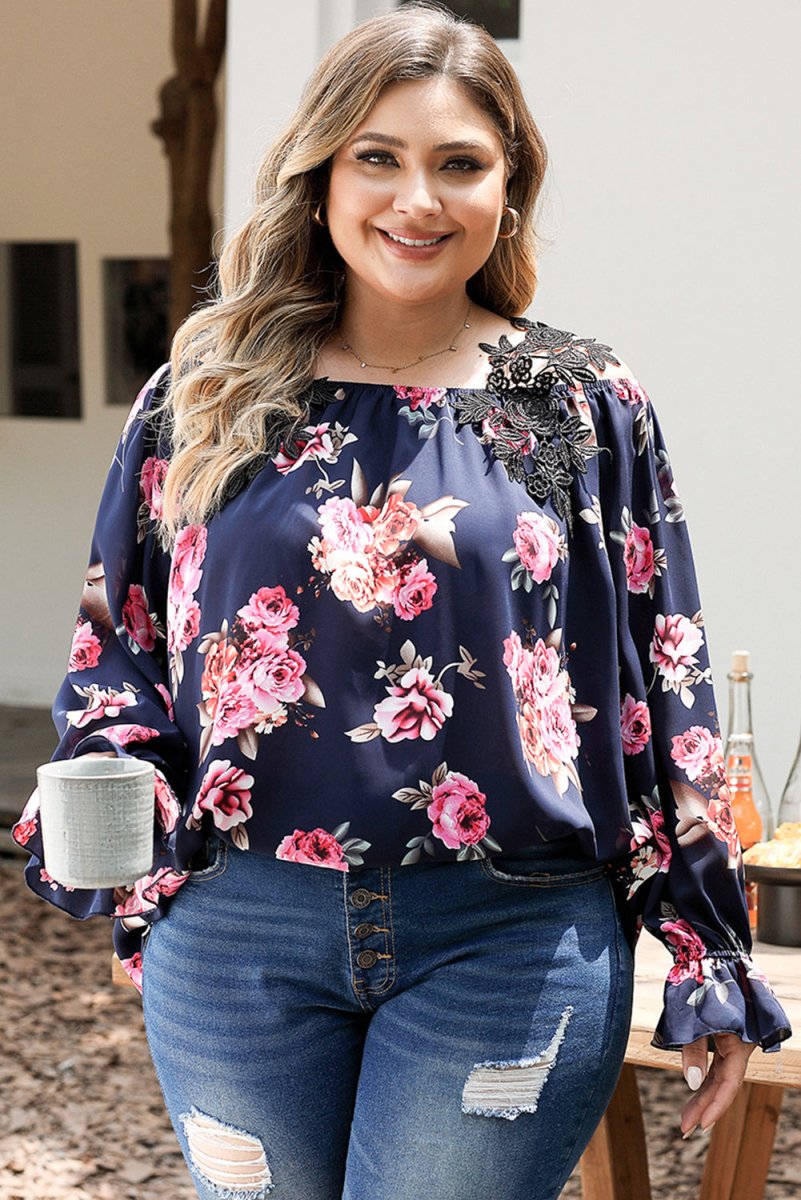 Navy Blue Plus Size Crochet Detail Cold Shoulder Floral Blouse