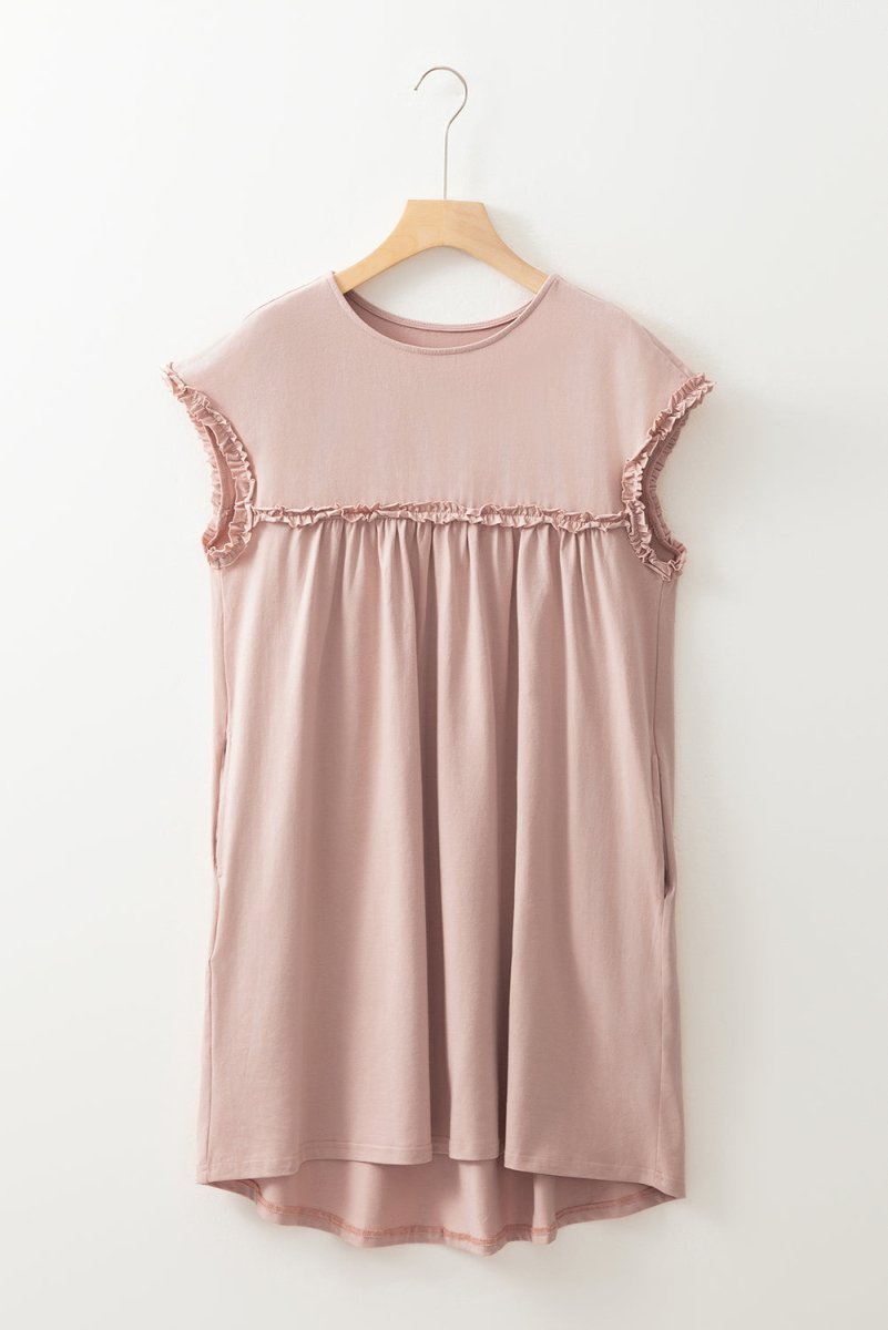 Oatmeal Frilled Trim Crew Neck Loose Fit Mini Dress Stylish