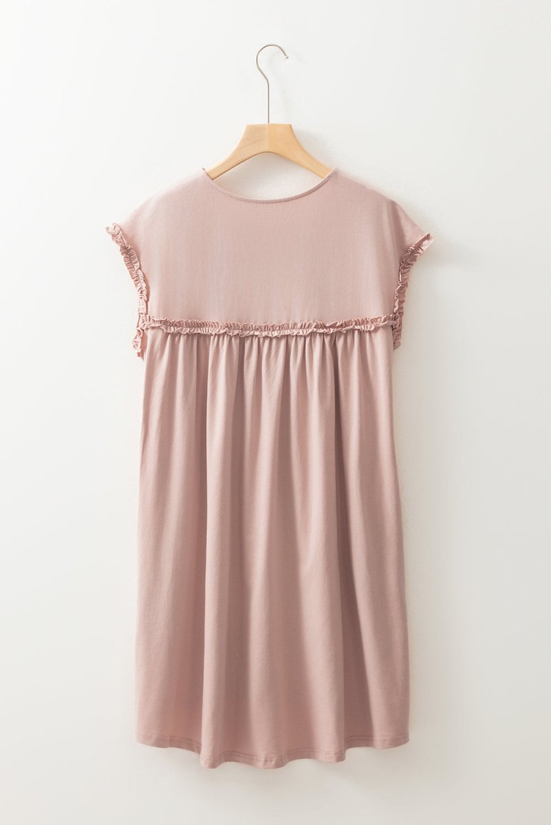 Oatmeal Frilled Trim Crew Neck Loose Fit Mini Dress Stylish