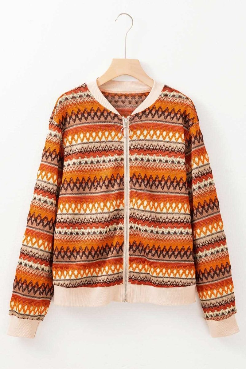 Orange Boho Striped Zip Up Long Sleeve Jacket