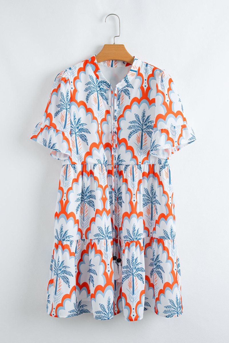 Orange Contrast Palm Tree Printed Short Sleeve Flowy Dress