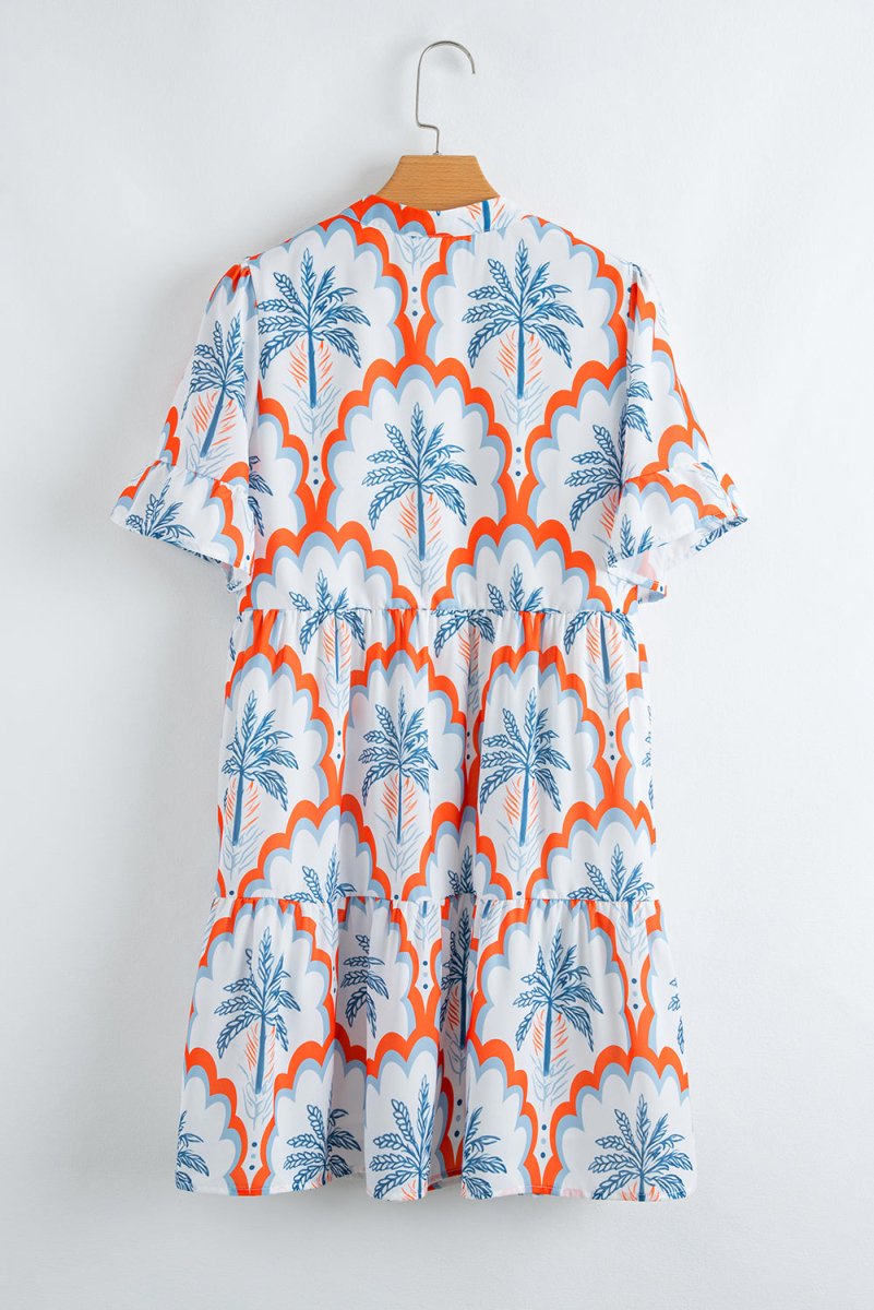 Orange Contrast Palm Tree Printed Short Sleeve Flowy Dress