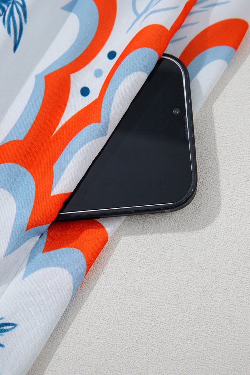 Orange Contrast Palm Tree Printed Short Sleeve Flowy Dress