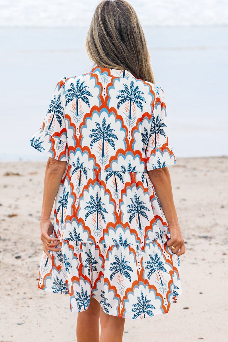 Orange Contrast Palm Tree Printed Short Sleeve Flowy Dress