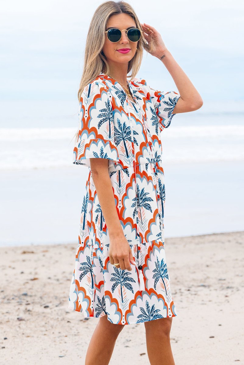 Orange Contrast Palm Tree Printed Short Sleeve Flowy Dress