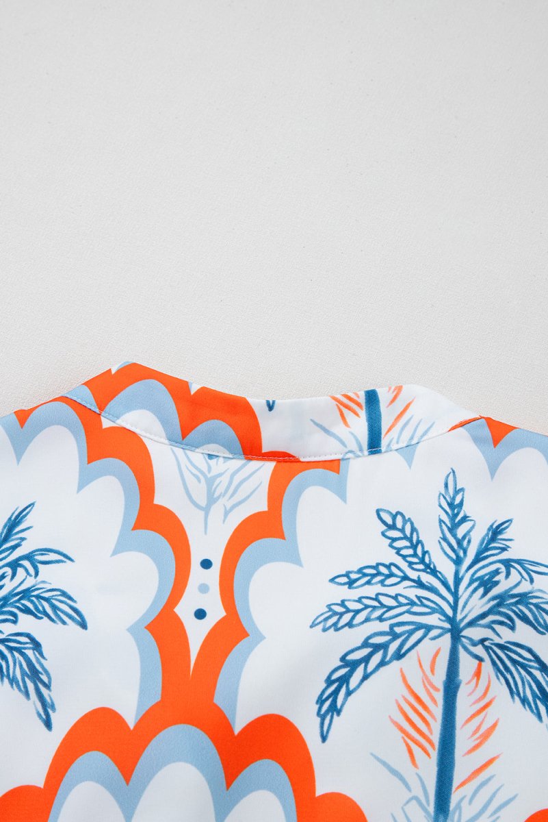 Orange Contrast Palm Tree Printed Short Sleeve Flowy Dress