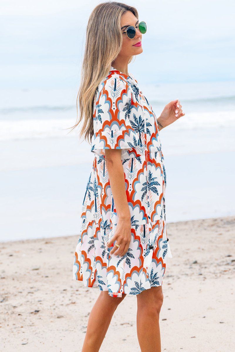 Orange Contrast Palm Tree Printed Short Sleeve Flowy Dress
