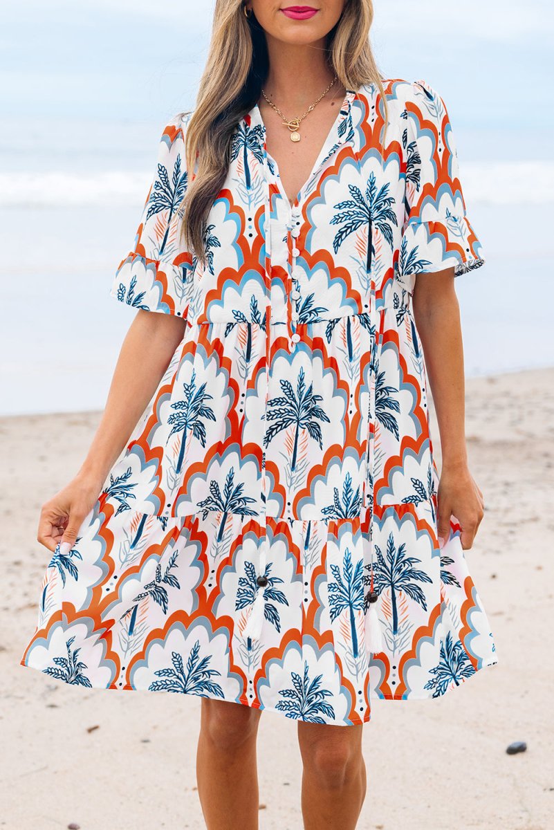 Orange Contrast Palm Tree Printed Short Sleeve Flowy Dress