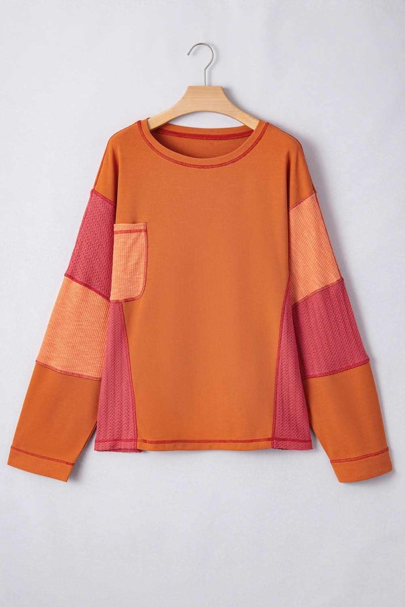 Orange Textured Knit Color Block Patchwork Chest Pocket Plus Size Top