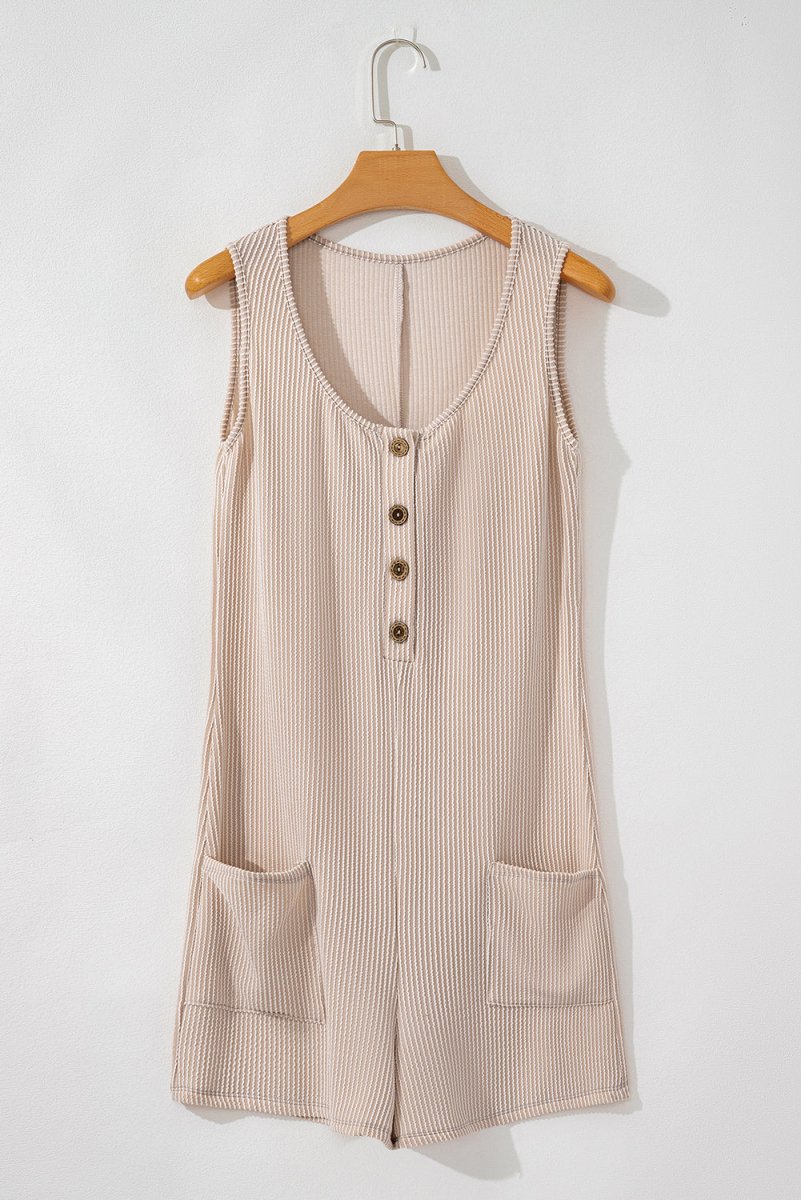Parchment Corded Knit Side Pockets Buttoned Sleeveless Romper