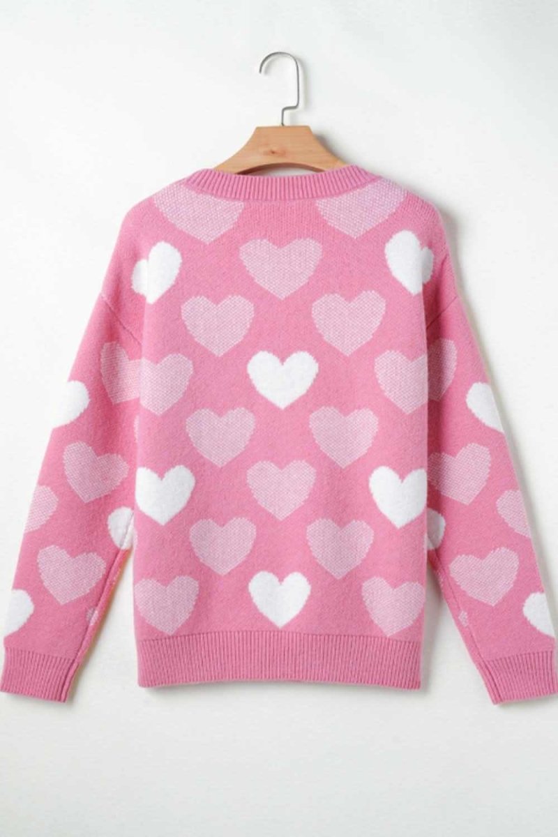 Pearl Trim Heart Round Neck Long Sleeve Sweater