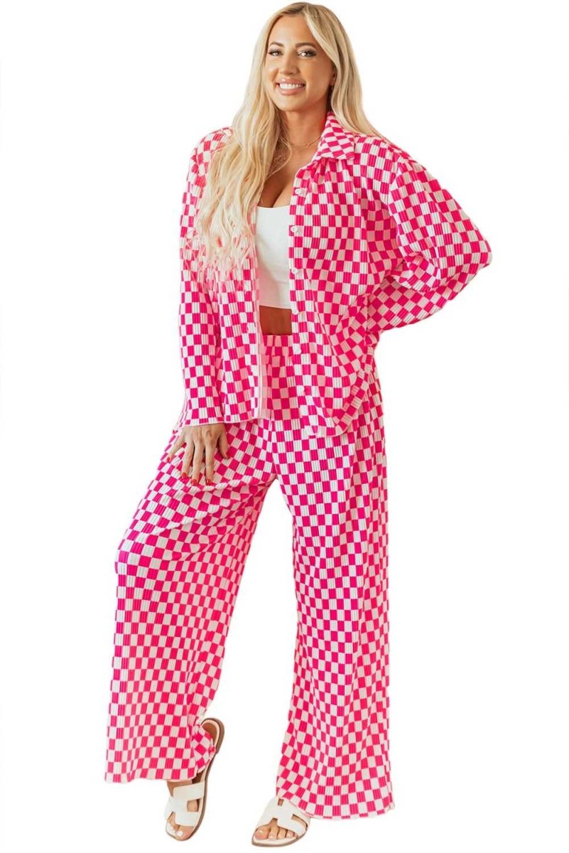 Pink Checkered Buttoned Shirt and High Waist Pants Pajama Set