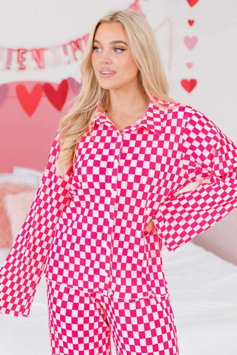 Pink Checkered Buttoned Shirt and High Waist Pants Pajama Set