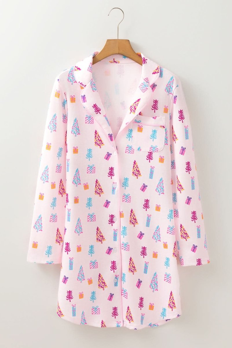 Pink Christmas Twinkle Tree Print Shirt Sleep Dress
