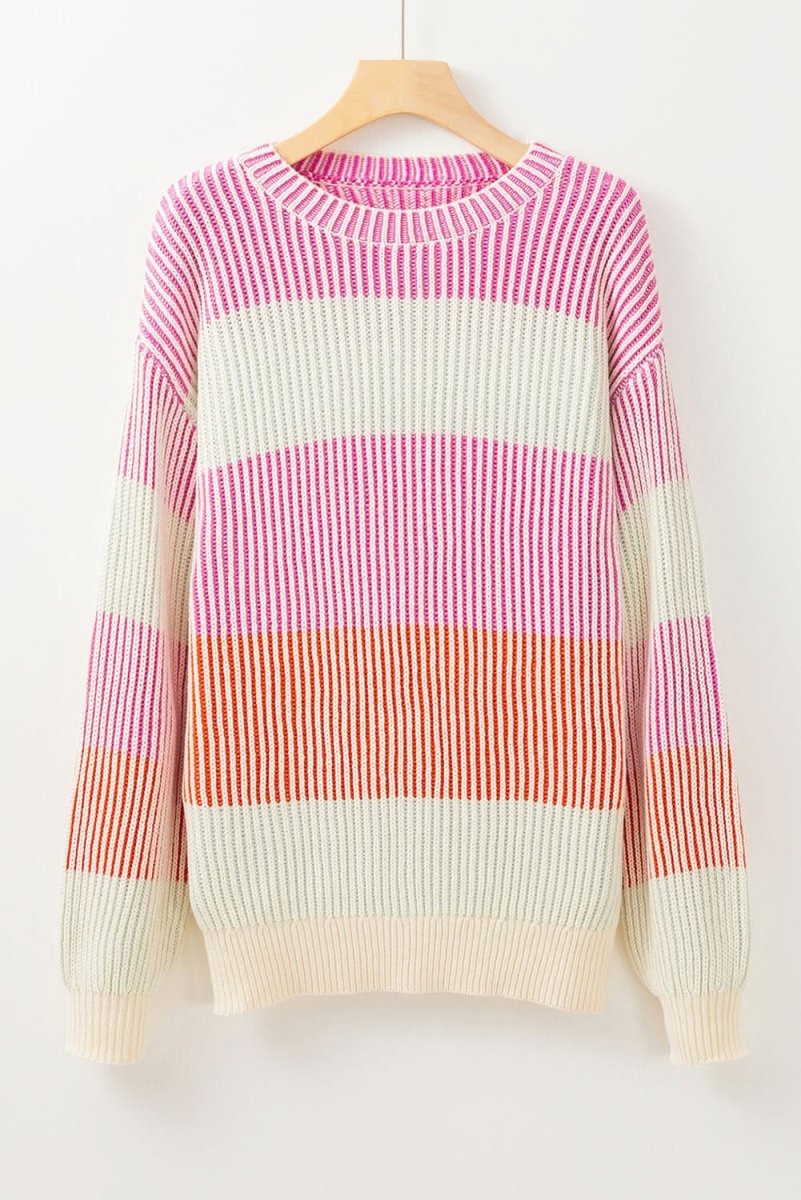 Pink Colorblock Textured Knit Sweater with Bubble Sleeves