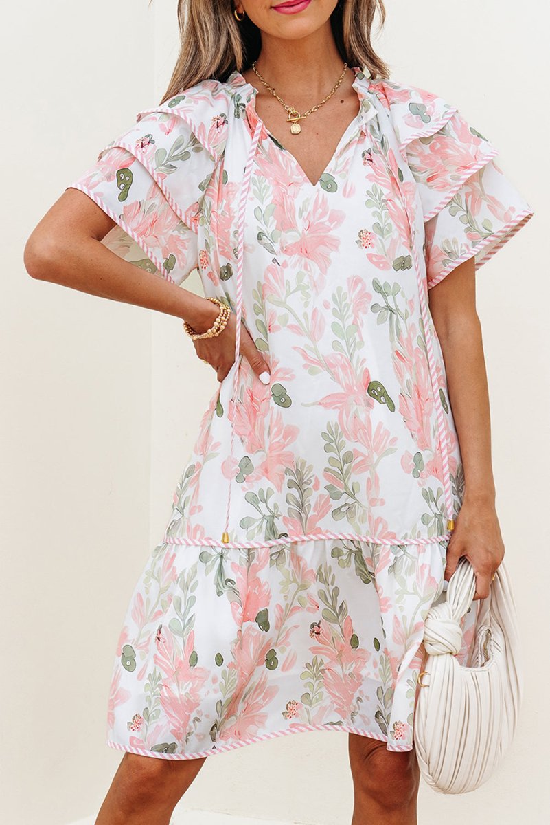 Pink Floral Contrast Edge Layered Short Sleeve Mini Dress