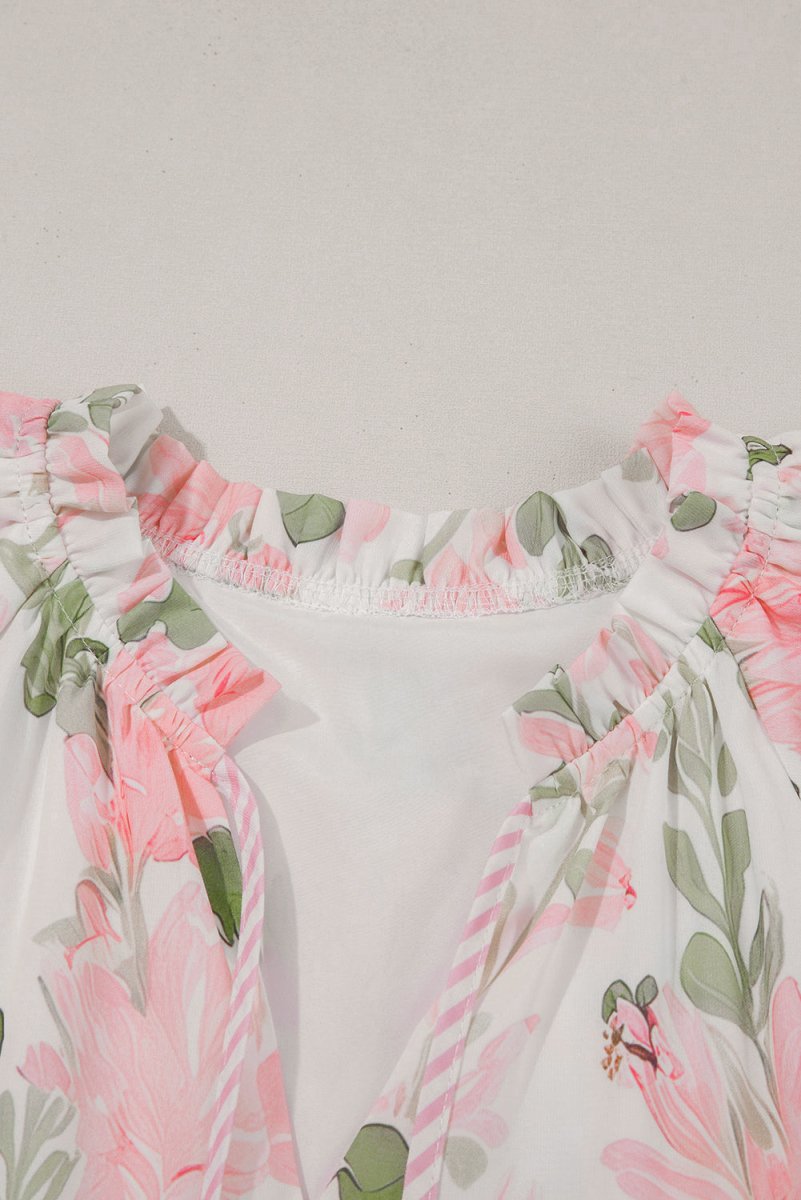 Pink Floral Contrast Edge Layered Short Sleeve Mini Dress