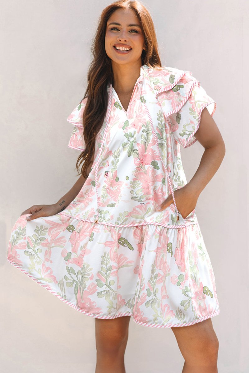 Pink Floral Contrast Edge Layered Short Sleeve Mini Dress