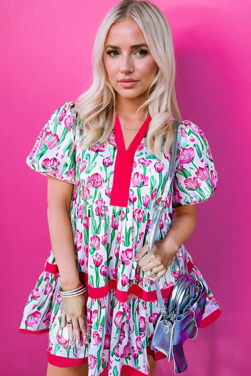 Pink Floral Print Contrast Trim V Neck Bubble Short Sleeve Babydoll Dress