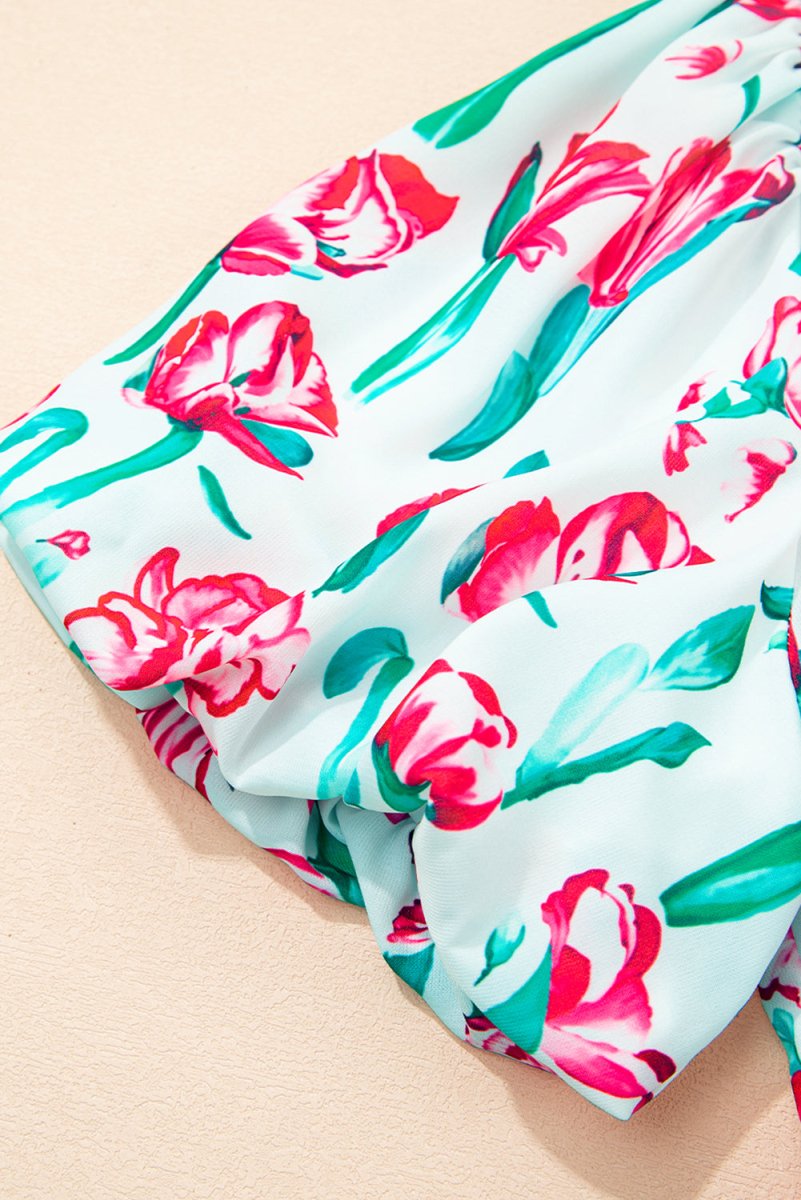 Pink Floral Print Contrast Trim V Neck Bubble Short Sleeve Babydoll Dress