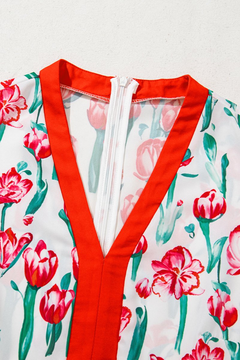 Pink Floral Print Contrast Trim V Neck Bubble Short Sleeve Babydoll Dress