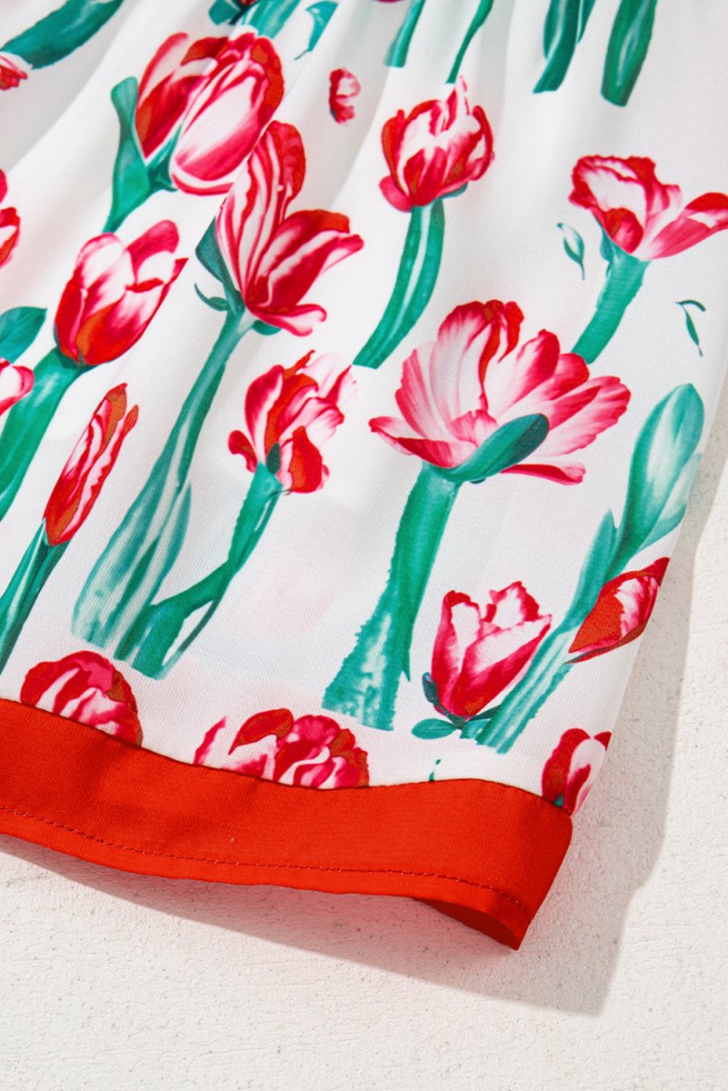 Pink Floral Print Contrast Trim V Neck Bubble Short Sleeve Babydoll Dress