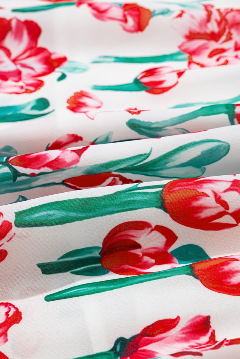 Pink Floral Print Contrast Trim V Neck Bubble Short Sleeve Babydoll Dress