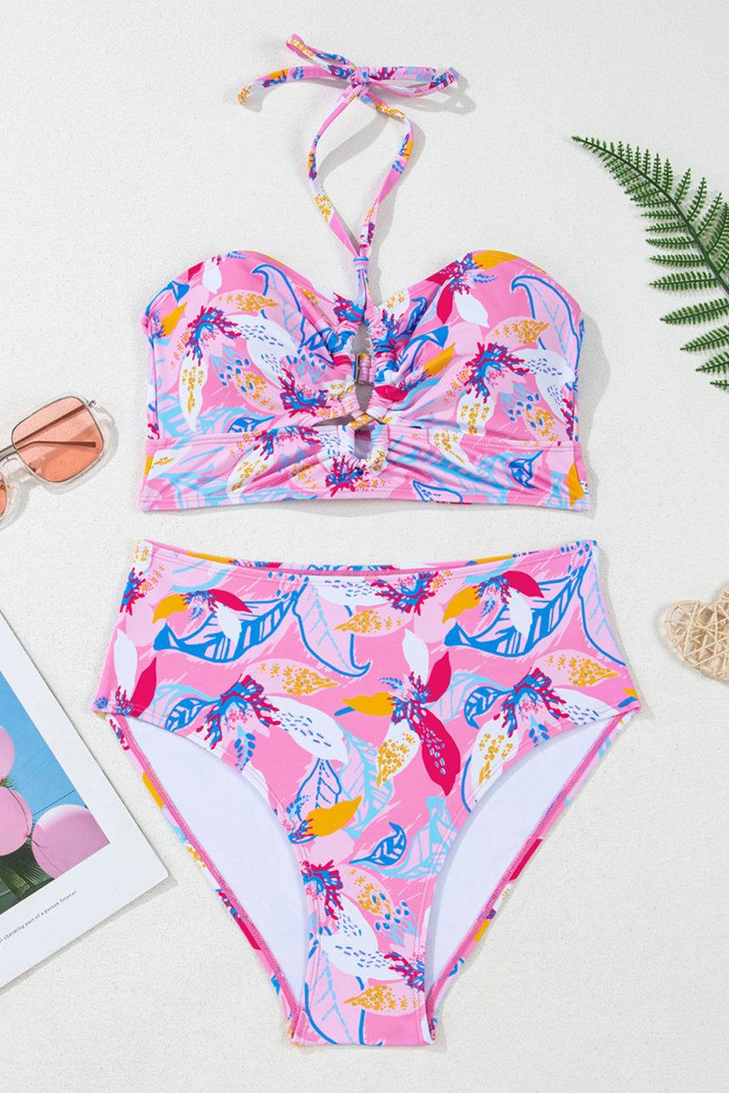 Pink Floral Printed Halter Neck High Waist Bikini Set