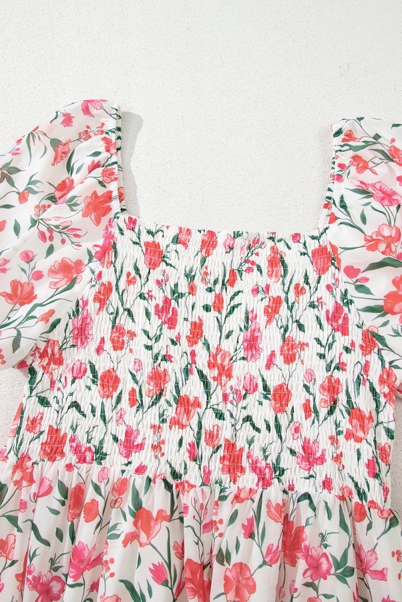 Pink Floral Puff Sleeve Square Neck Empire Waist Maxi Dress