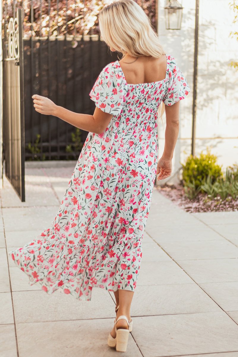 Pink Floral Puff Sleeve Square Neck Empire Waist Maxi Dress