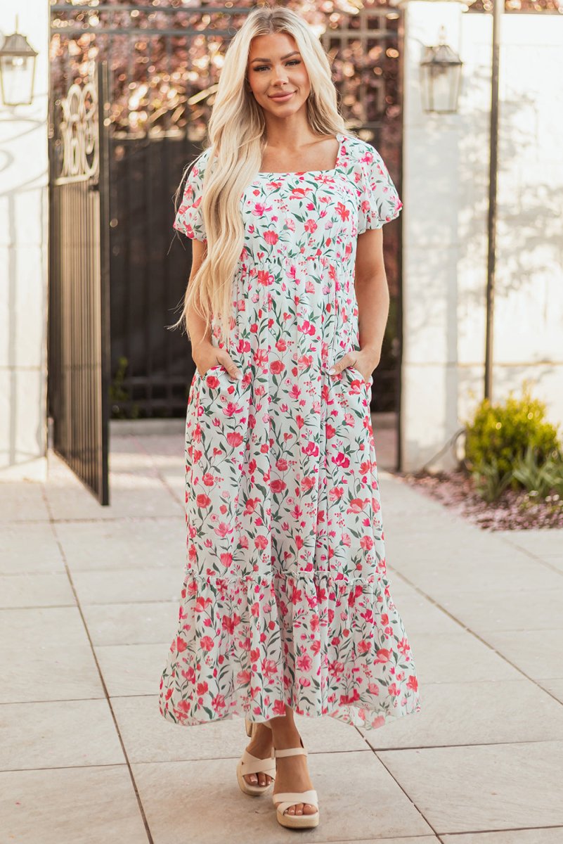 Pink Floral Puff Sleeve Square Neck Empire Waist Maxi Dress
