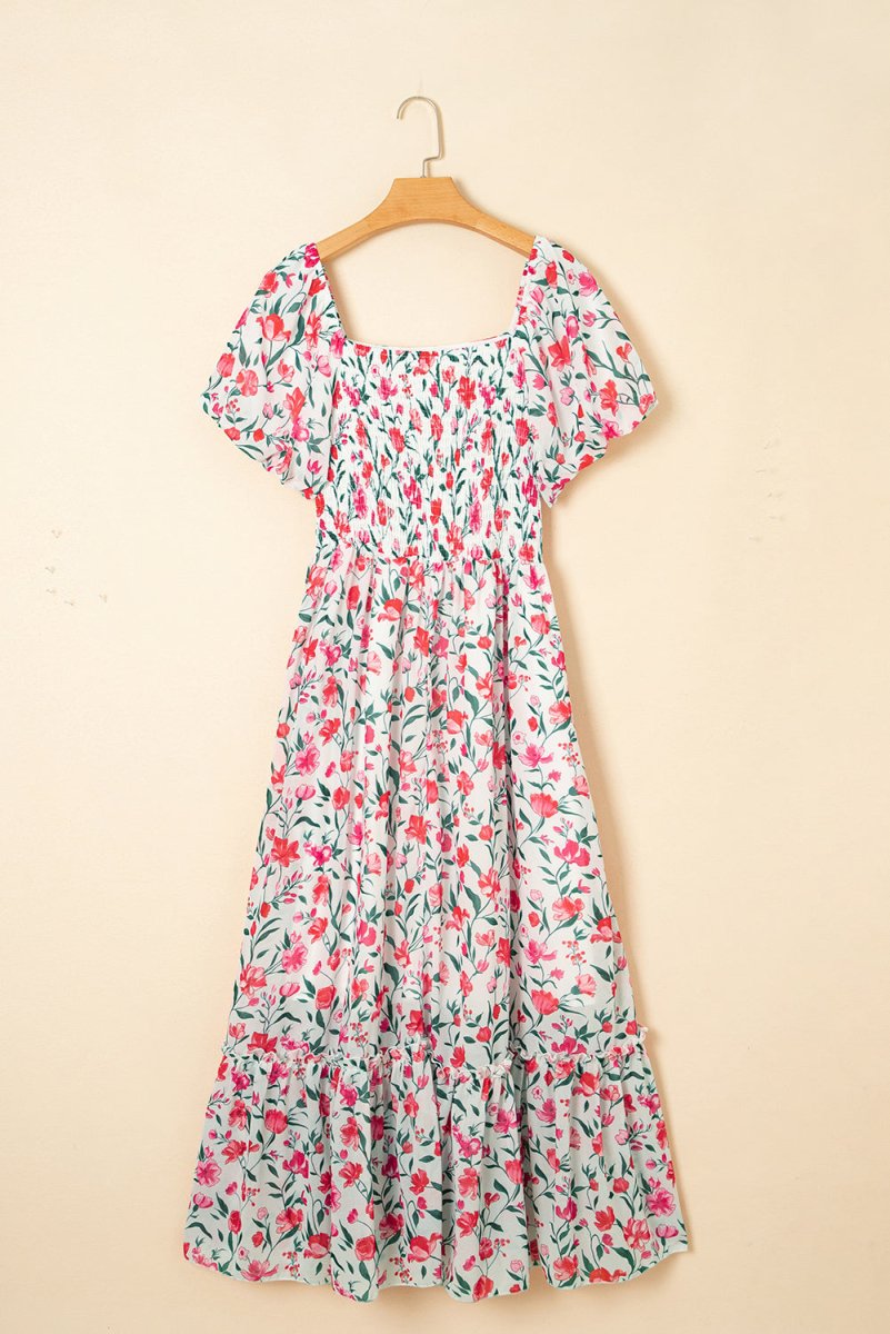 Pink Floral Puff Sleeve Square Neck Empire Waist Maxi Dress