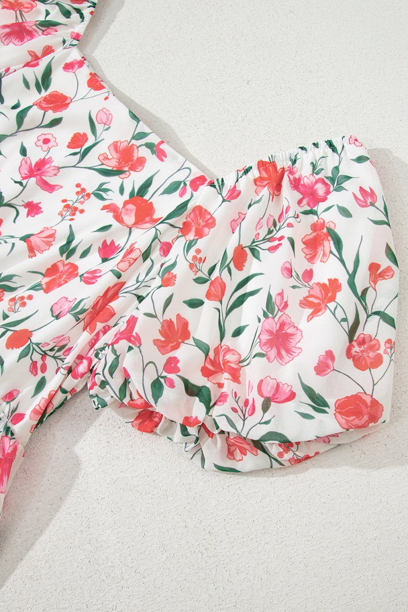 Pink Floral Puff Sleeve Square Neck Empire Waist Maxi Dress