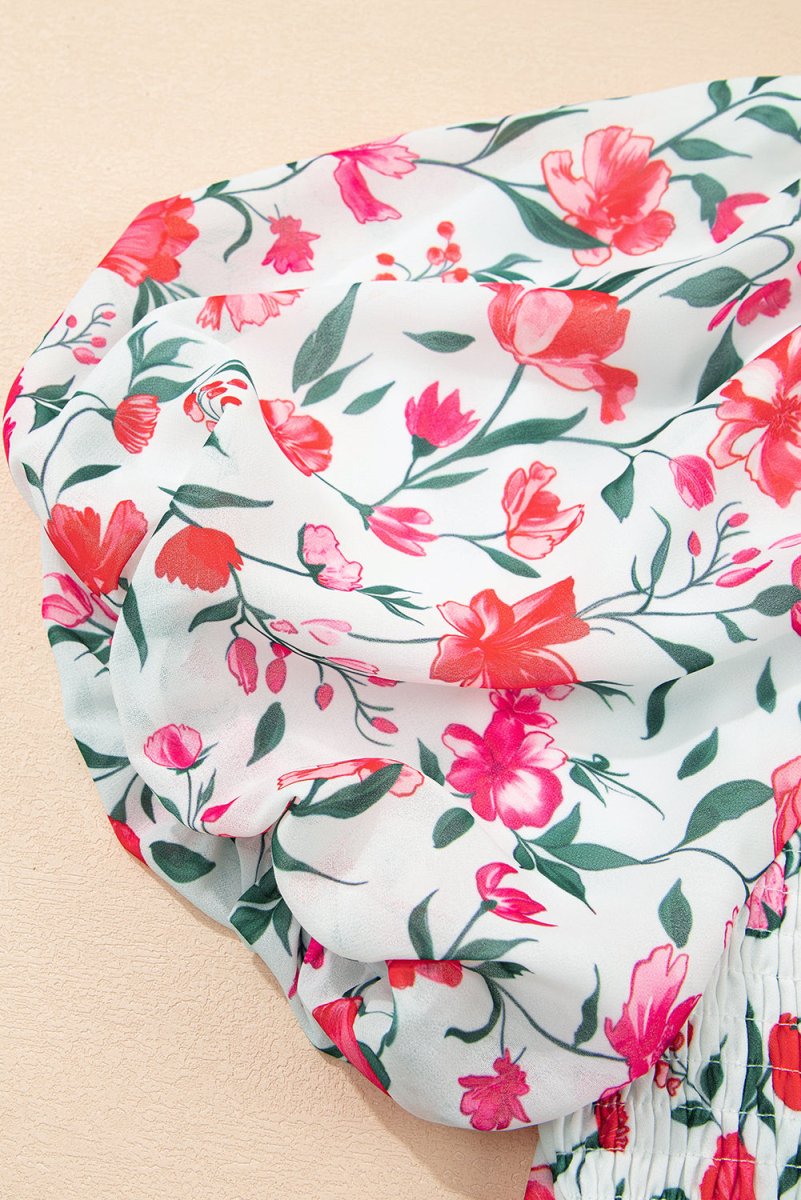 Pink Floral Puff Sleeve Square Neck Empire Waist Maxi Dress