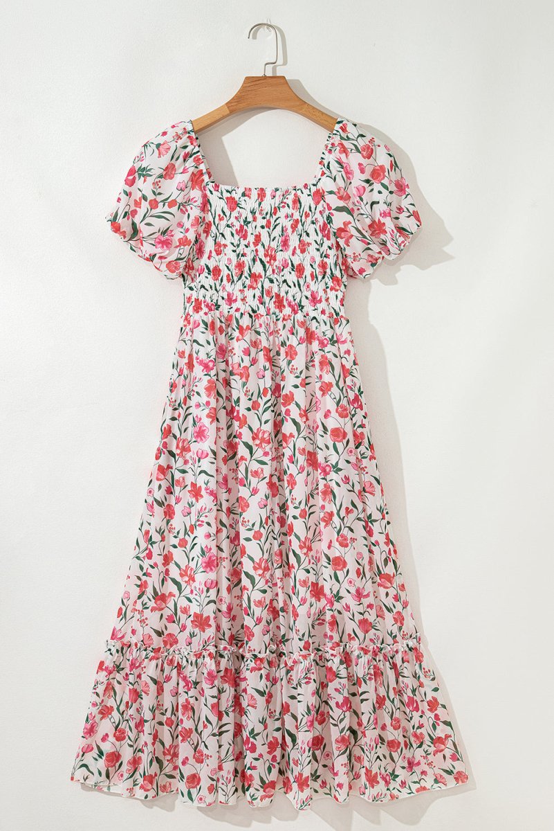 Pink Floral Puff Sleeve Square Neck Empire Waist Maxi Dress