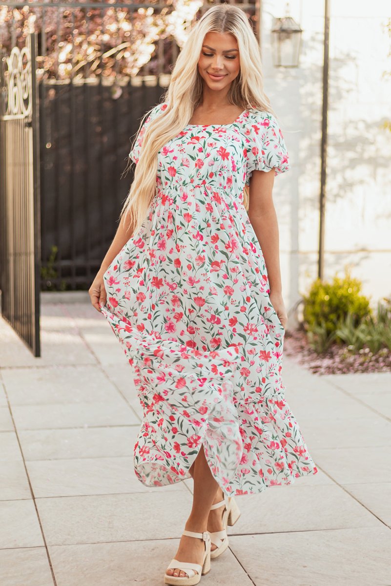 Pink Floral Puff Sleeve Square Neck Empire Waist Maxi Dress